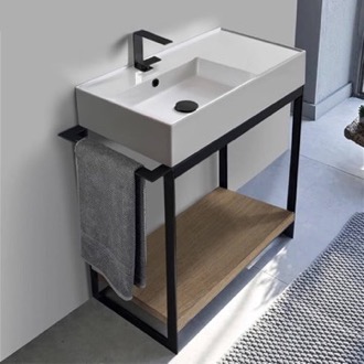 Console Bathroom Vanity Console Sink Vanity With Ceramic Sink and Natural Brown Oak Shelf Scarabeo 5115-SOL2-89